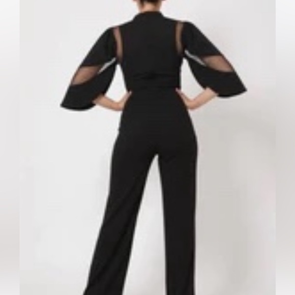 Mesh Cutout Halter Jumpsuit with Flowy Sleeves - Picture 2 of 4
